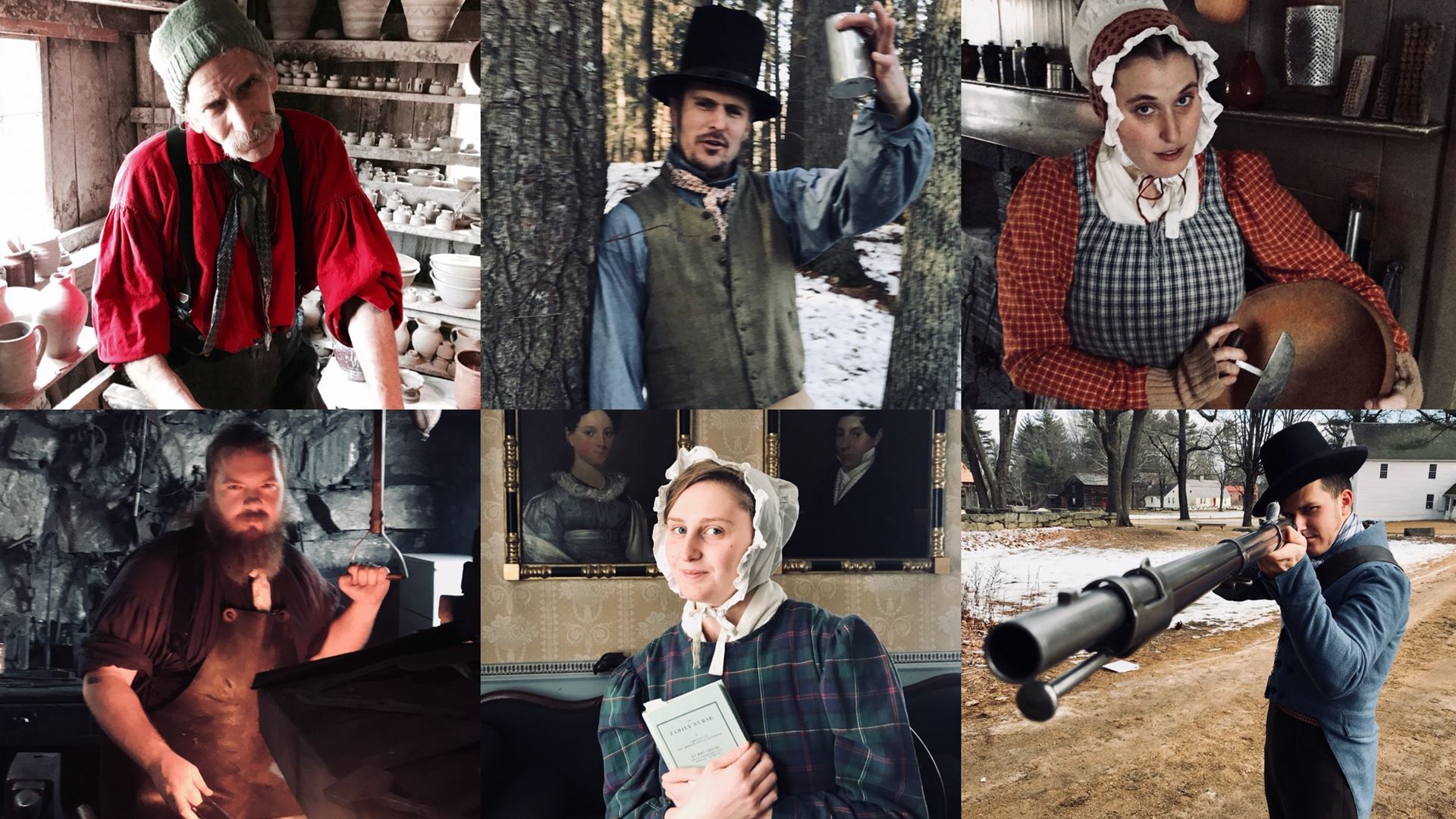 The Potter, the Peddler, the Farmer’s Daughter, the Blacksmith, the Printer’s Daughter, and the Hunter bring Old Surbridge Village to life in Midwinter Mischief.